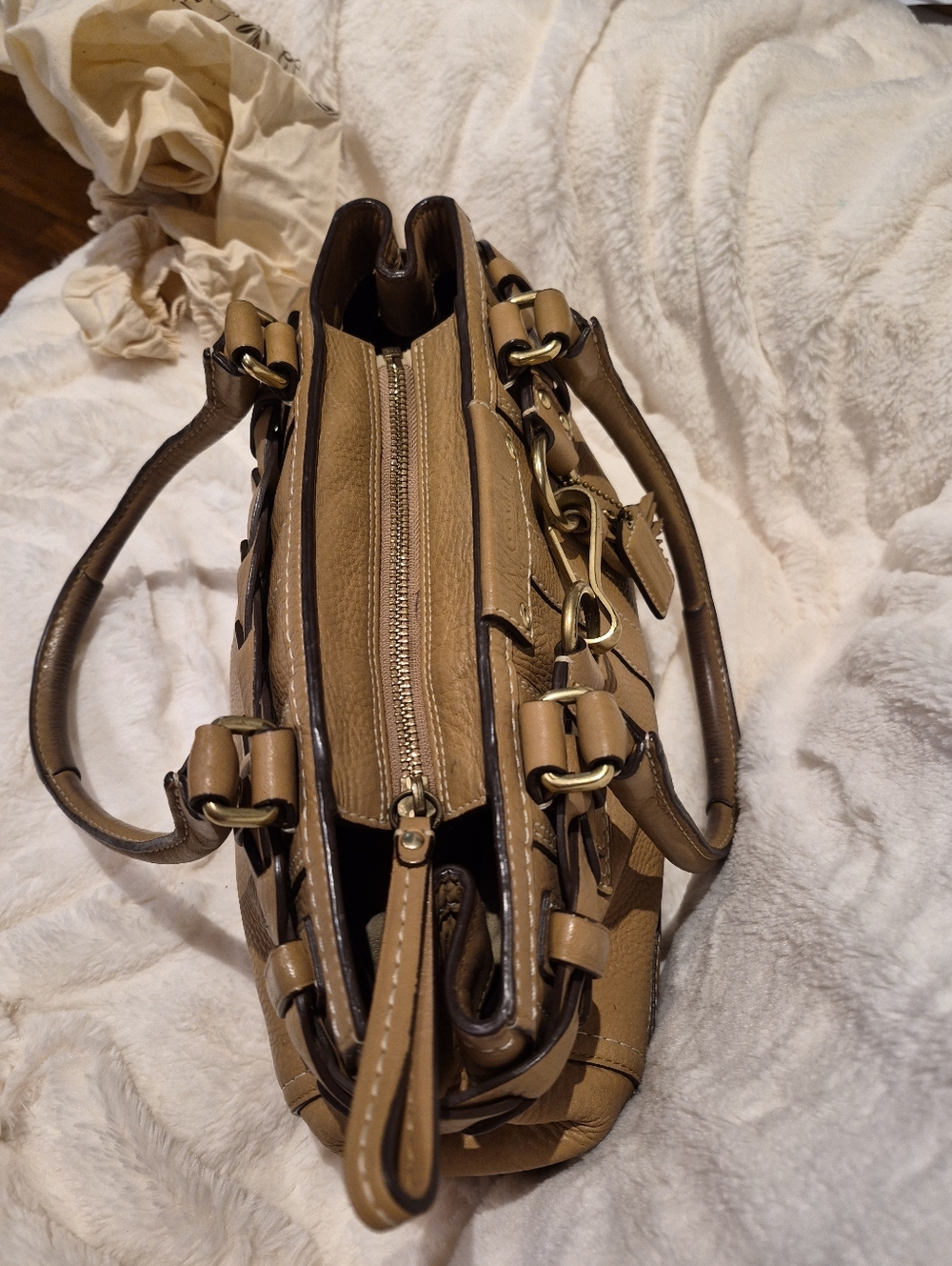 Classic Tan Satchel Handbag with Gold Hardware